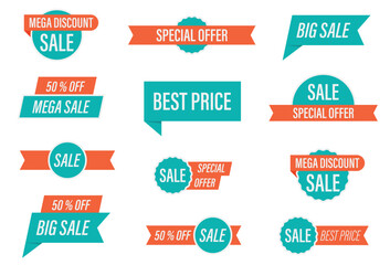 Eye-catching sale banners with various promotional offers, including mega discounts, big sales, and special offers on a clean white background.