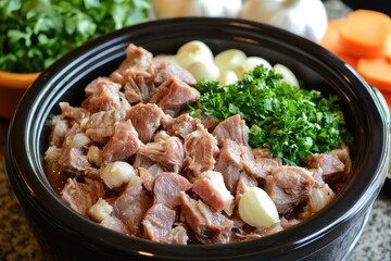 Crockpot Meal: Chopped Ingredients for Pulled Pork Cooking - Garlic and Healthy Diet