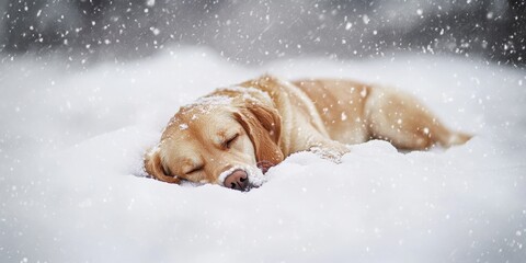 Crying Dog. Beautiful Golden Labrador Portrait in Winter Snow