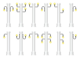 Array of streetlights in repeating pattern illuminated with yellow lights. Variety of lighting configurations on white posts.