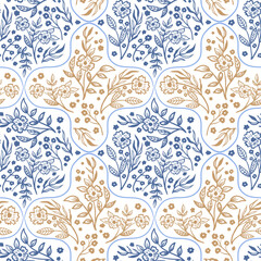 Damask floral hand drawn seamless pattern. simple meadow flower botanical texture for rustic textile