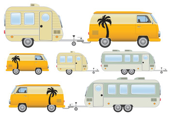 Collection of colorful vintage campers and vans in varying shades and sizes, each with a unique charm for road trip enthusiasts.