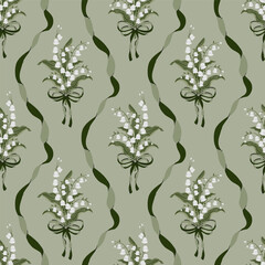 Lily Of the Valley Flower bouquet Coquette Bow Vintage ribbon seamless Pattern satin bow knot Damask