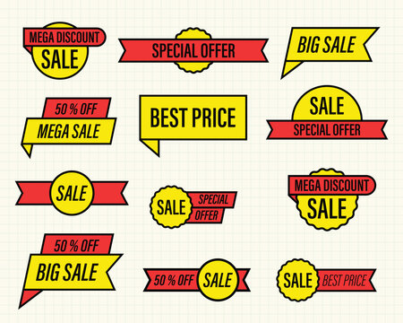Collection of bright sale banners and stickers, featuring various promotional offers like discounts and special deals, ideal for advertising.