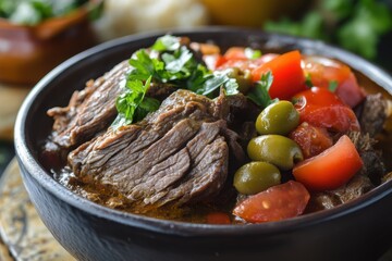 Cuban Food: Authentic Ropa Vieja Cooked to Perfection with Stewed Tomatoes and Olives