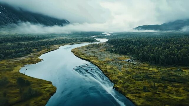 Aerial view of river winding through forest landscape with mountain and fog.