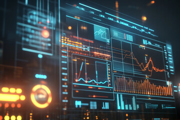 Fototapeta premium Futuristic digital dashboard displaying data graphs and charts in vibrant blue and orange hues