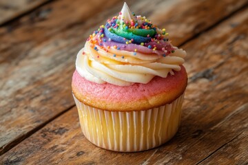 Cupcake Rainbow. Birthday Cupcake in Rainbow Colors on Wooden Background