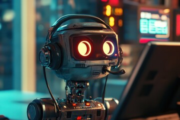Customer Service Robot. A Digital Robot with Headset at Call Center for AI Communication