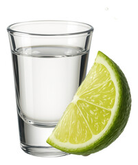 A glass of clear tequila with a fresh lime wedge placed beside it.