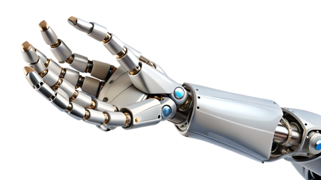 Advanced robotic hand reaching isolated on a white background