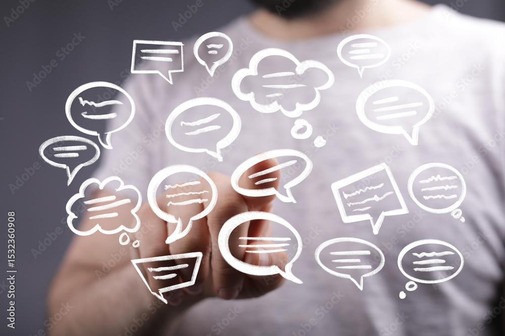 Poster abstract image of a man interacting with digital speech bubbles, representing communication and soci