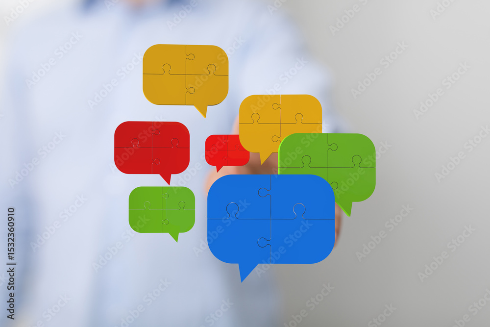 Poster colorful puzzle pieces in speech bubbles symbolize teamwork, communication, and problem-solving.