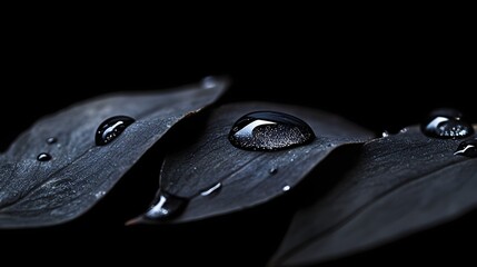 Water droplets on dark leaves in close-up.