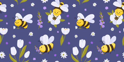 Seamless pattern with cartoon bees, tulips, lavender, daisies and anemones in flat style. Vector illustration for fabric, clothing print, textile design, paper goods, posters, and apparel decor.