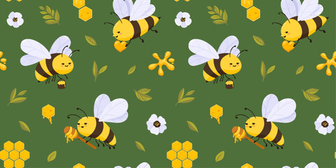Cartoon bees, owls, anemones, honey drops and music notes in creative seamless floral background. Funny flat style design for fabric, clothing, poster or paper goods.  Flat seamless green pattern. 