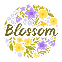 Round blossom floral design with butterflies, flowers and leaves in cartoon flat style and lettering "Blossom". Vector illustration collection for stickers, website, banner, print, landing page