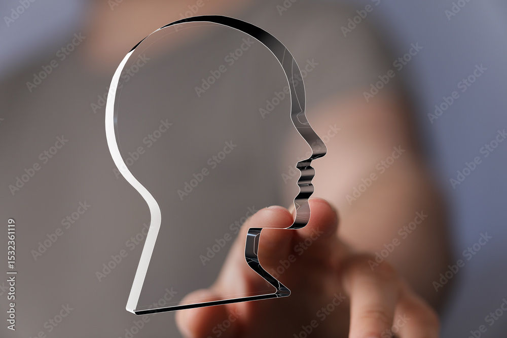 Poster hand reaching out to select a translucent head profile, symbolizing choice and identity.