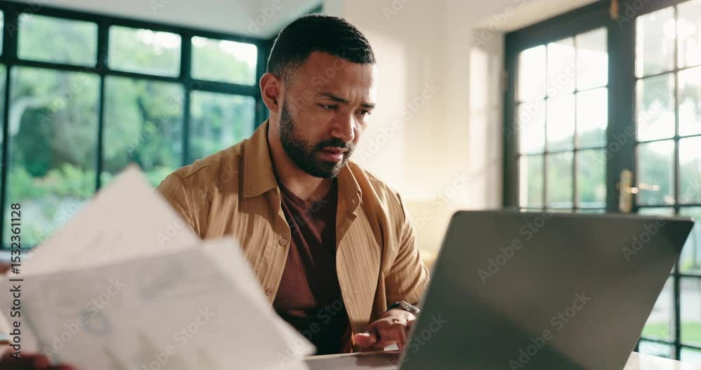 Aufkleber finance, laptop or smile with remote work man in home office for financial problem solving. computer