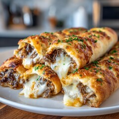Delicious beef and cheese rolls served on a white plate in a modern kitchen setting with fresh herbs for garnish