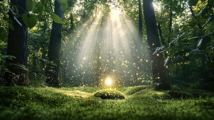 Obraz premium Magical forest sunlight, green moss, glowing light, sparkling particles, peaceful nature, morning woods
