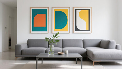 Colorful Artwork and Grey Sectional Sofa in a Modern Living Room