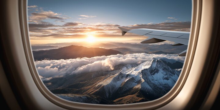 Window to the Skies: Capturing a breathtaking view of a snow-capped mountain range at sunrise from an airplane window, evoking a sense of wonder and adventure.