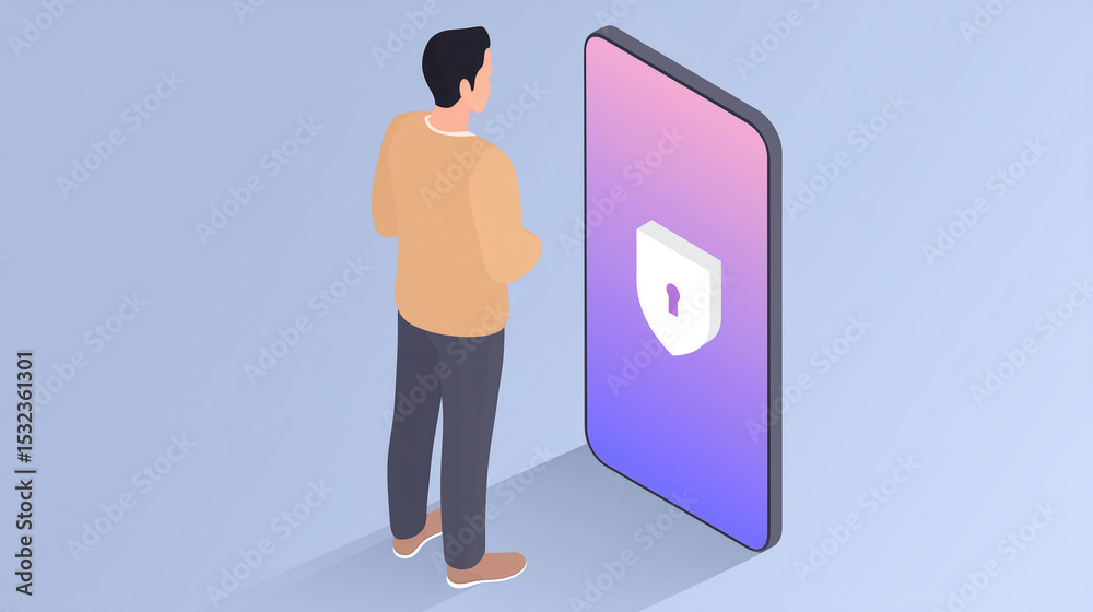 Poster user standing before a smartphone displaying a security shield symbolizing digital protection and pr