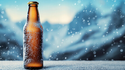 Frosty amber beer bottle with snow, cold winter background, refreshing and crisp atmosphere