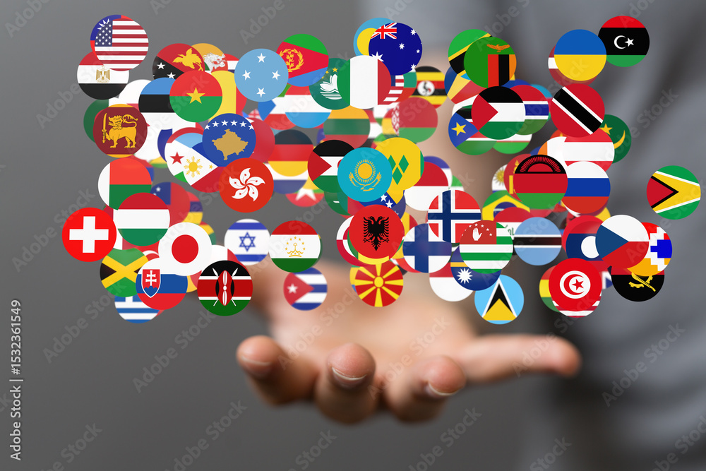 Aufkleber Image of many world flags floating above an open hand, representing global unity and international collaboration.