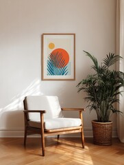 Cozy living room corner with modern artwork and lush plant in warm light