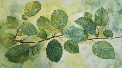 Watercolor Painting Green Leaves Branch Nature Botanical Art
