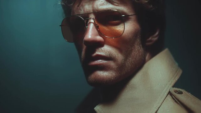 Mysterious man in orange-tinted sunglasses and a beige trench coat looking aside against a dark, atmospheric background, creating a noir or spy thriller aesthetic for film or fashion industries