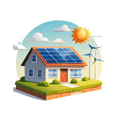 house photovoltaic solar panels plant, wind and rechargeable vector clip art icon design
