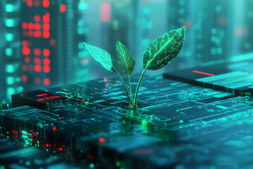 Green sprout growing from futuristic tech circuit board glowing in neon colors