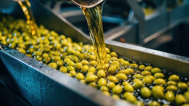 Fresh olives are poured into a conveyor system at a factory where they are cleaned and prepared for oil extraction. The bright green olives glisten as they move along the line