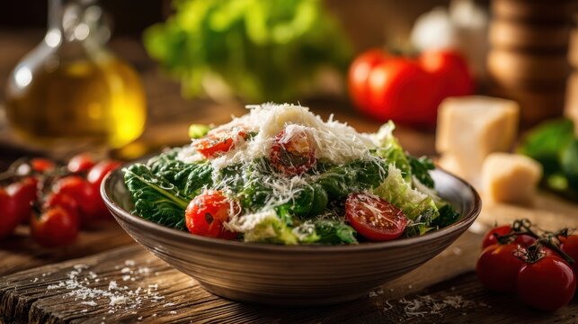A vibrant salad features fresh spinach leaves, juicy cherry tomatoes, and grated parmesan cheese on top, set against a rustic wooden table. Olive oil and cheese nearby enhance the presentation