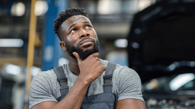 A mechanic stands in a busy automotive workshop, thoughtfully pondering while looking upward