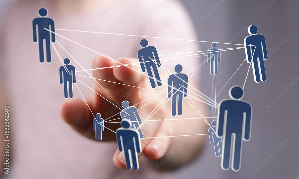 Poster Image of a hand interacting with a network of interconnected people, symbolizing global connection and teamwork.
