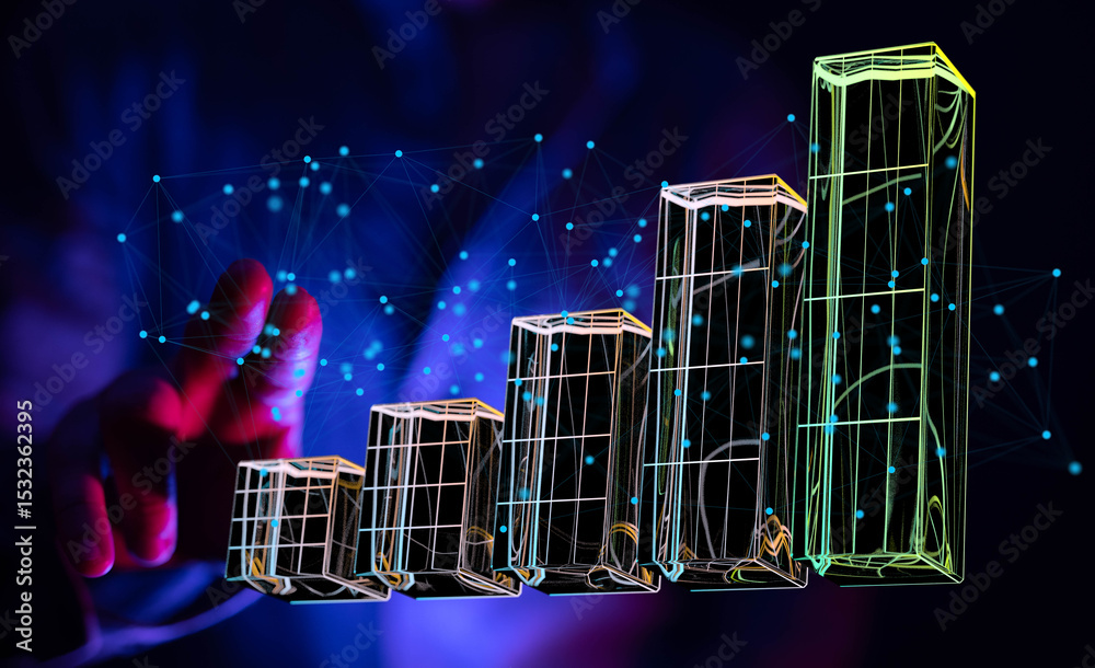 Aufkleber Hand interacting with a 3D bar graph showing growth.  Data visualization, business analytics, success.