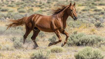 Obraz premium Chestnut Mustang Galloping Across the Desert