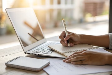 view of laptop white screen hands taking notes