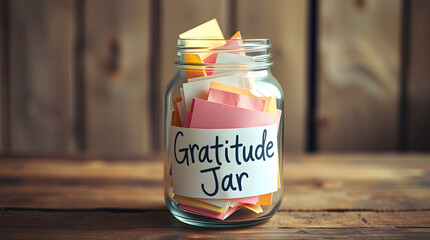 Gratitude jar full of colorful gratitude notes on rustic wooden table