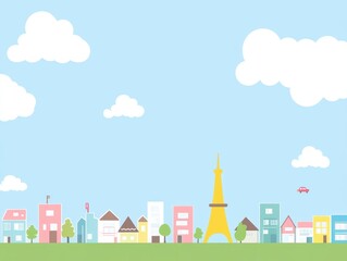Fototapeta premium Pastel Cityscape Illustration Light Blue Sky, Fluffy Clouds, and Yellow Tower