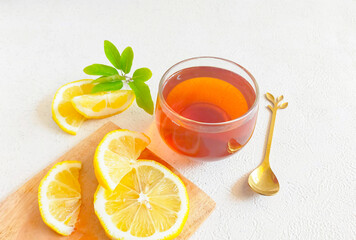 Hot tea with lemon slice isolated white background