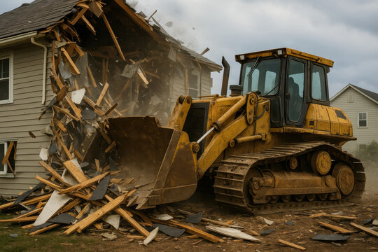 A powerful bulldozer demolishing a house, showcasing the force of construction work.