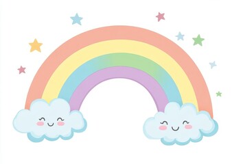 Pastel Rainbow with Smiling Clouds and Stars Illustration