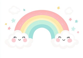 Pastel Rainbow with Smiling Clouds and Stars on White Background