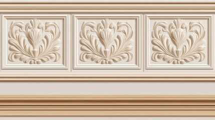A seamless pattern shows beige wall panels with a chair rail on a white wall. The bottom has a light wood baseboard under the vintage panels. Vector image.
