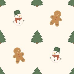 Cute Winter Christmas Seamless Pattern with gingerbread man and Snowman